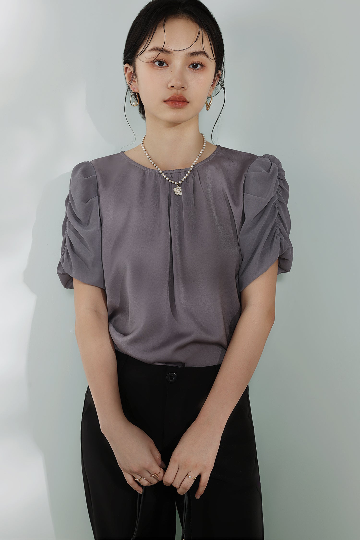 Mixed Material Round Neck Gathered Sleeve Blouse - 2 Colors Available - liwisi