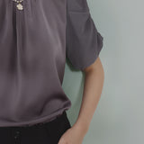 Mixed Material Round Neck Gathered Sleeve Blouse - 2 Colors Available - liwisi
