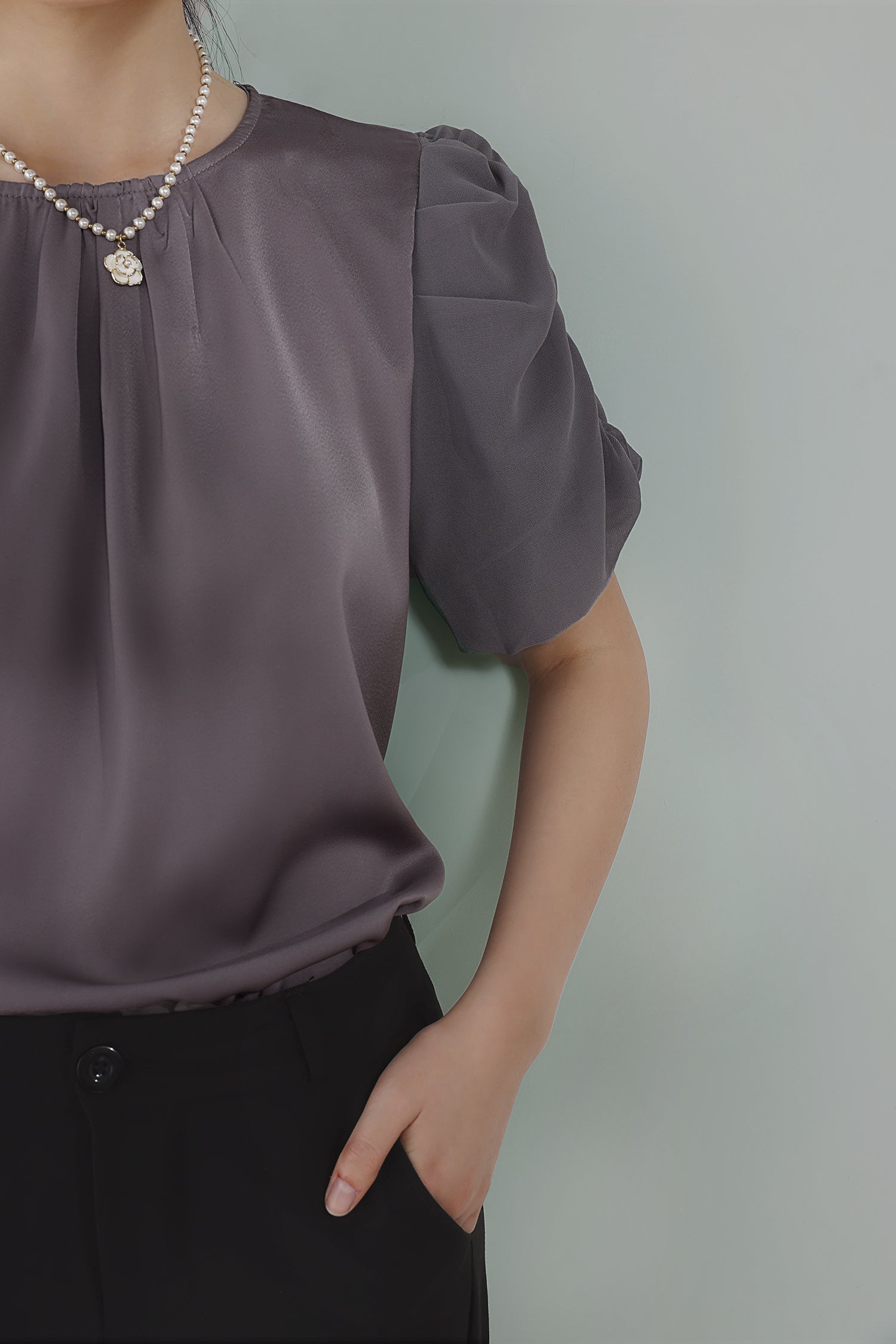 Mixed Material Round Neck Gathered Sleeve Blouse - 2 Colors Available - liwisi
