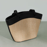 Leather Contrast Straw Shoulder Bag with Lining and Inner Bag - liwisi