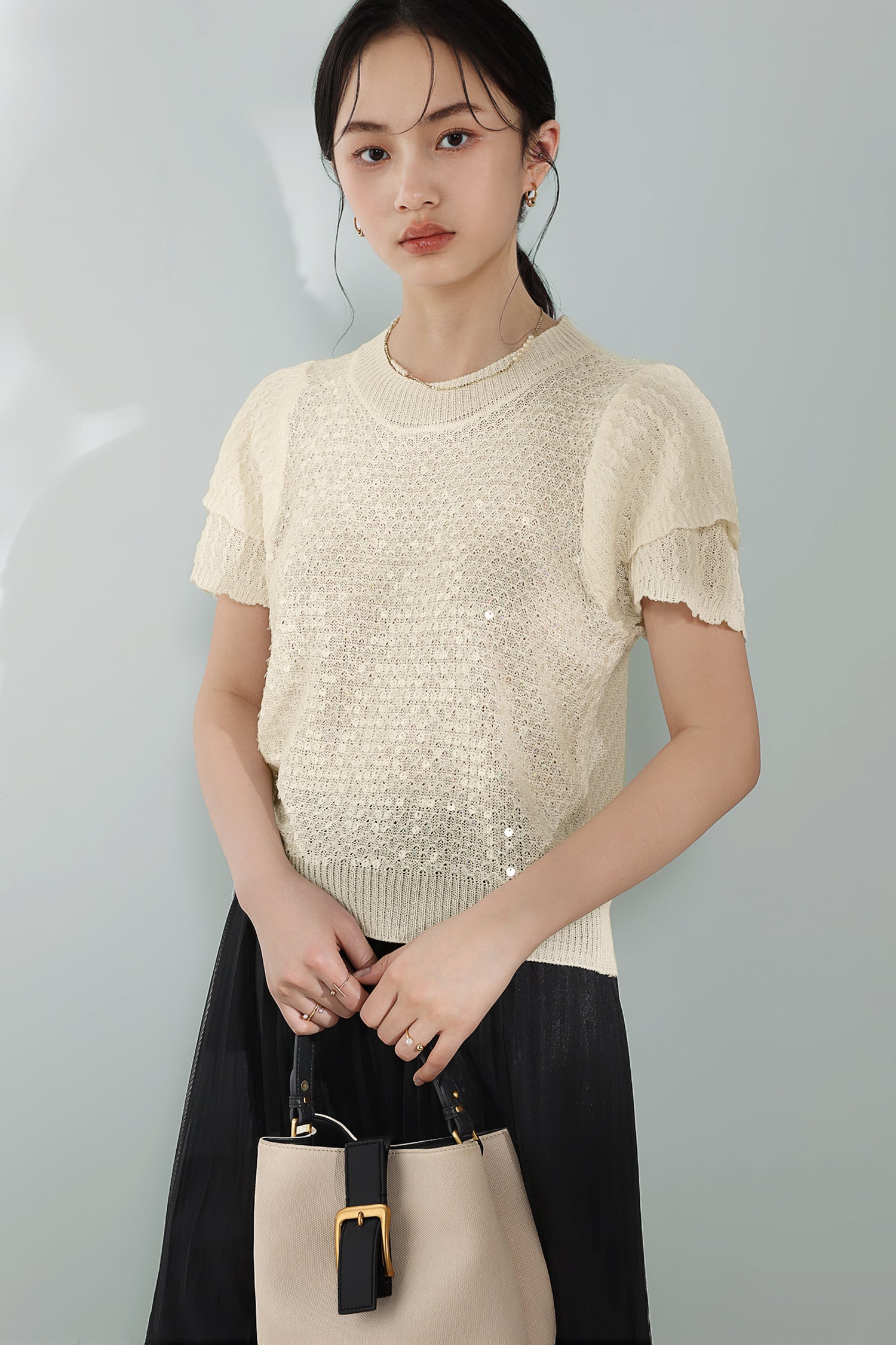 Round Neck Glitter Decor Double Sleeve Knit - 3 Colors Available - liwisi
