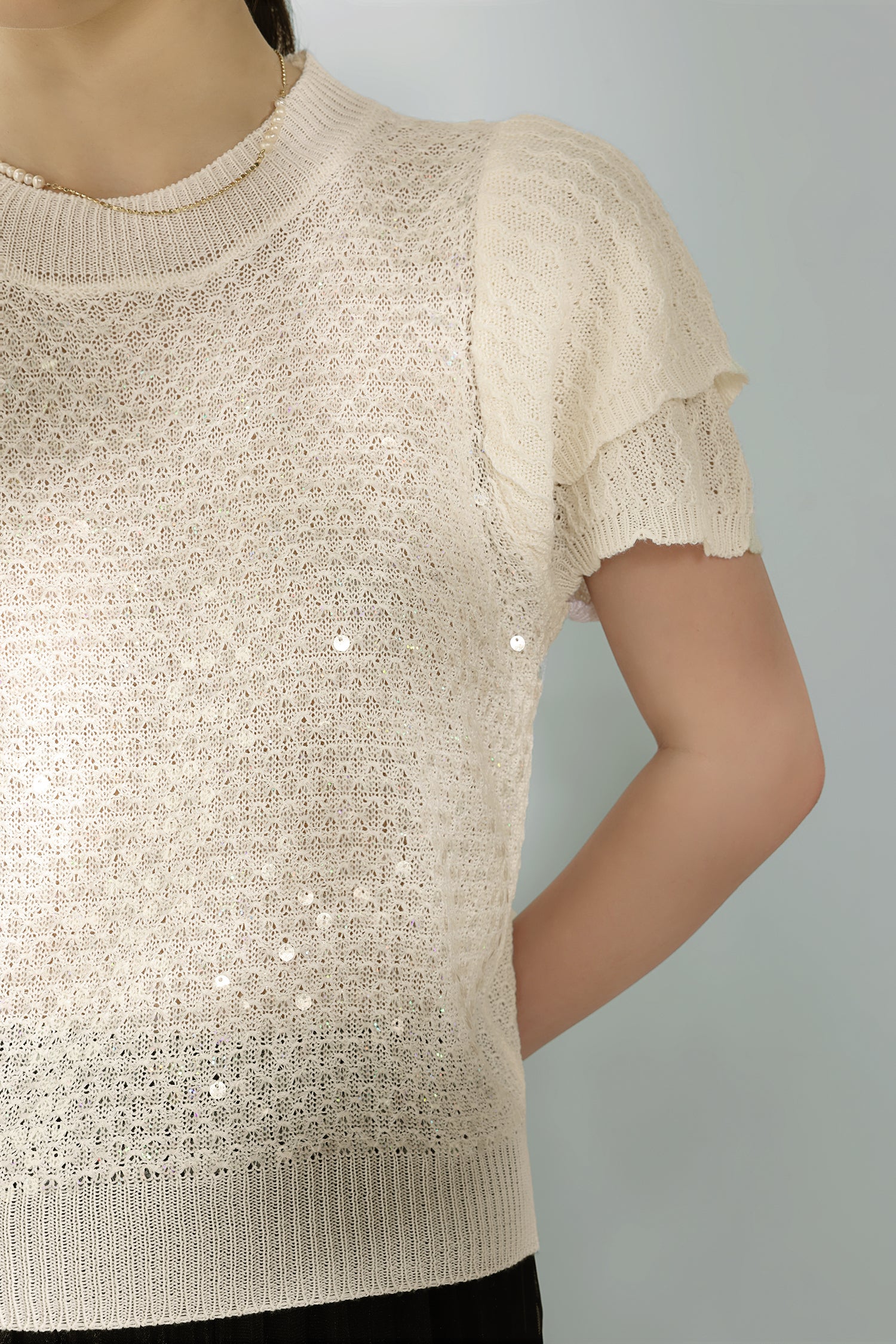 Round Neck Glitter Decor Double Sleeve Knit - 3 Colors Available - liwisi