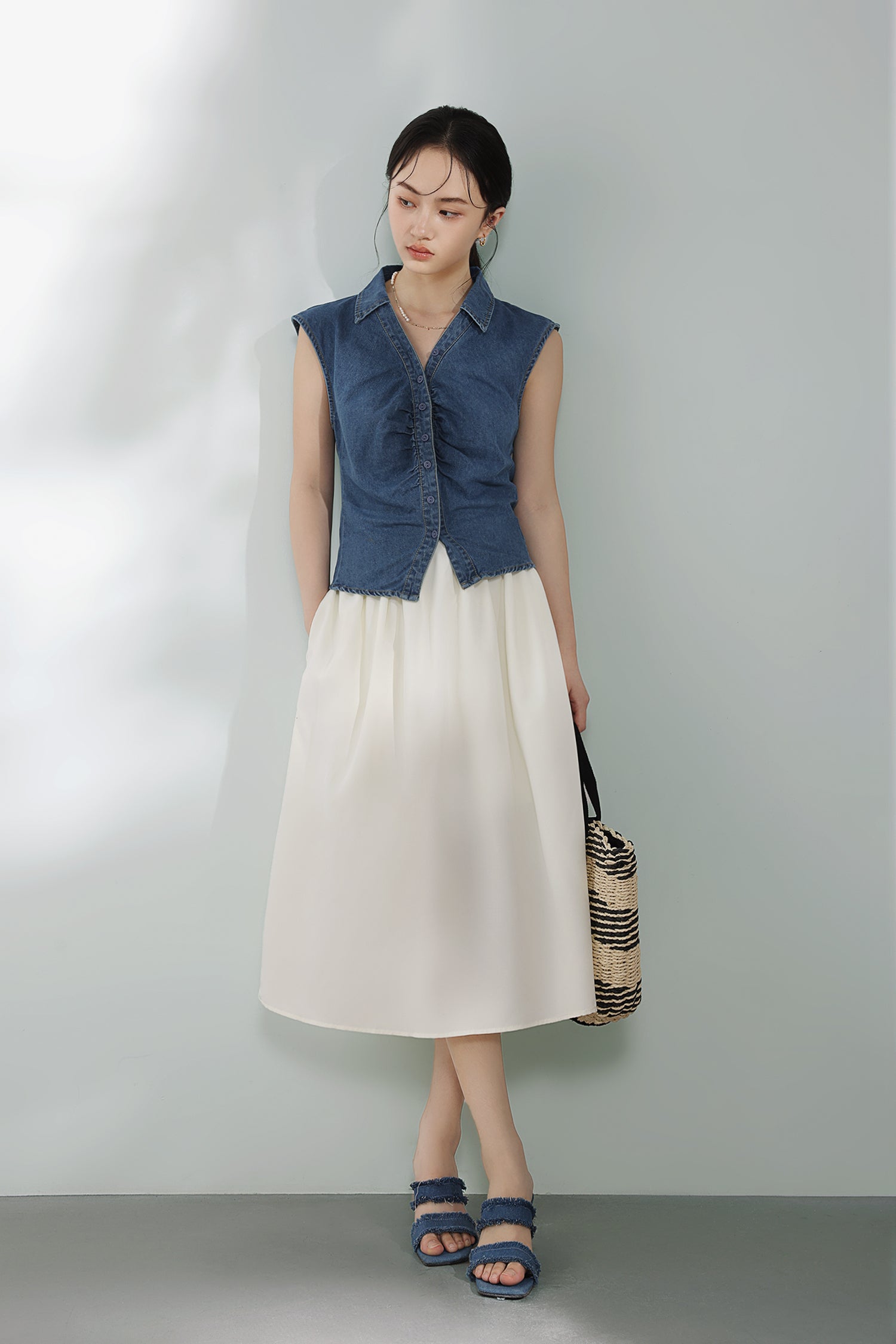 Skipper Collar Gathered Denim Gilet - liwisi