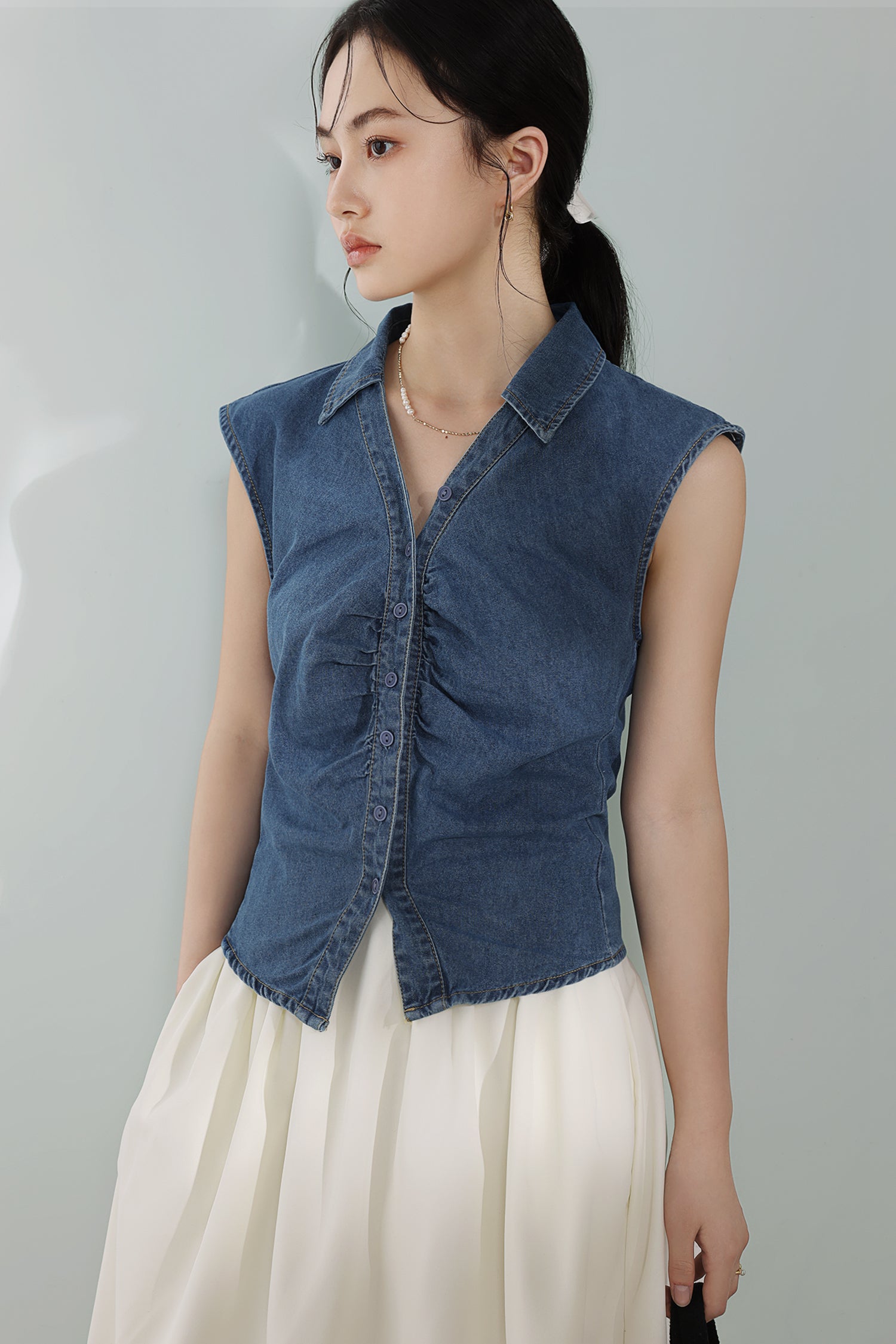 Skipper Collar Gathered Denim Gilet - liwisi