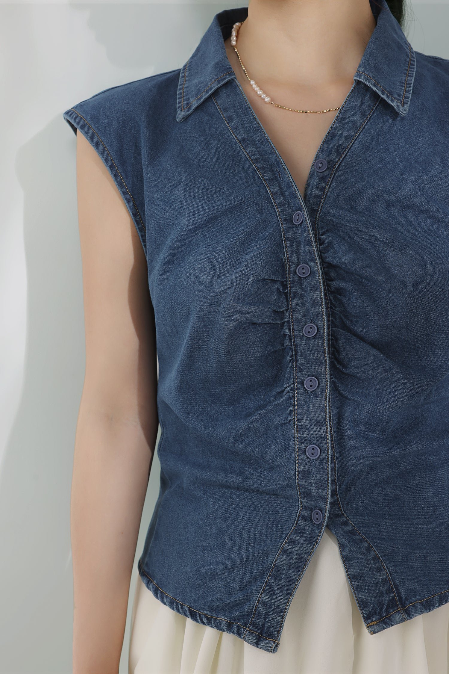 Skipper Collar Gathered Denim Gilet - liwisi