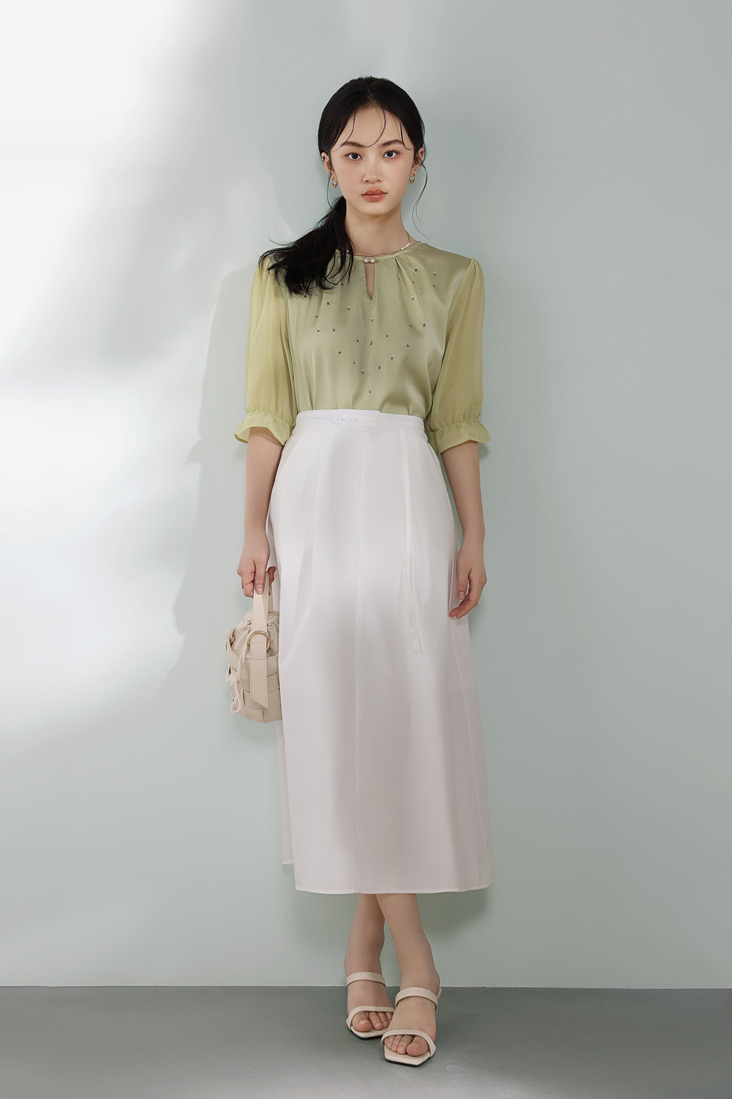 Front Cut-Out Rhinestone Decor Sheer Sleeve Blouse - 2 Colors Available - liwisi