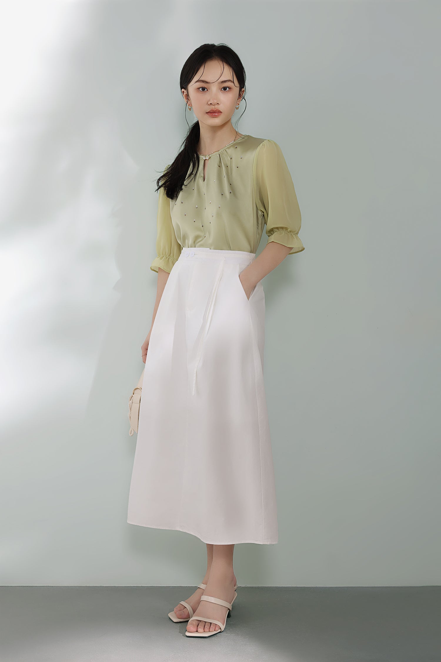 Front Cut-Out Rhinestone Decor Sheer Sleeve Blouse - 2 Colors Available - liwisi