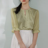 Front Cut-Out Rhinestone Decor Sheer Sleeve Blouse - 2 Colors Available - liwisi