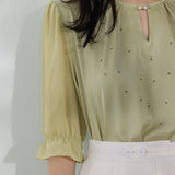 Front Cut-Out Rhinestone Decor Sheer Sleeve Blouse - 2 Colors Available - liwisi