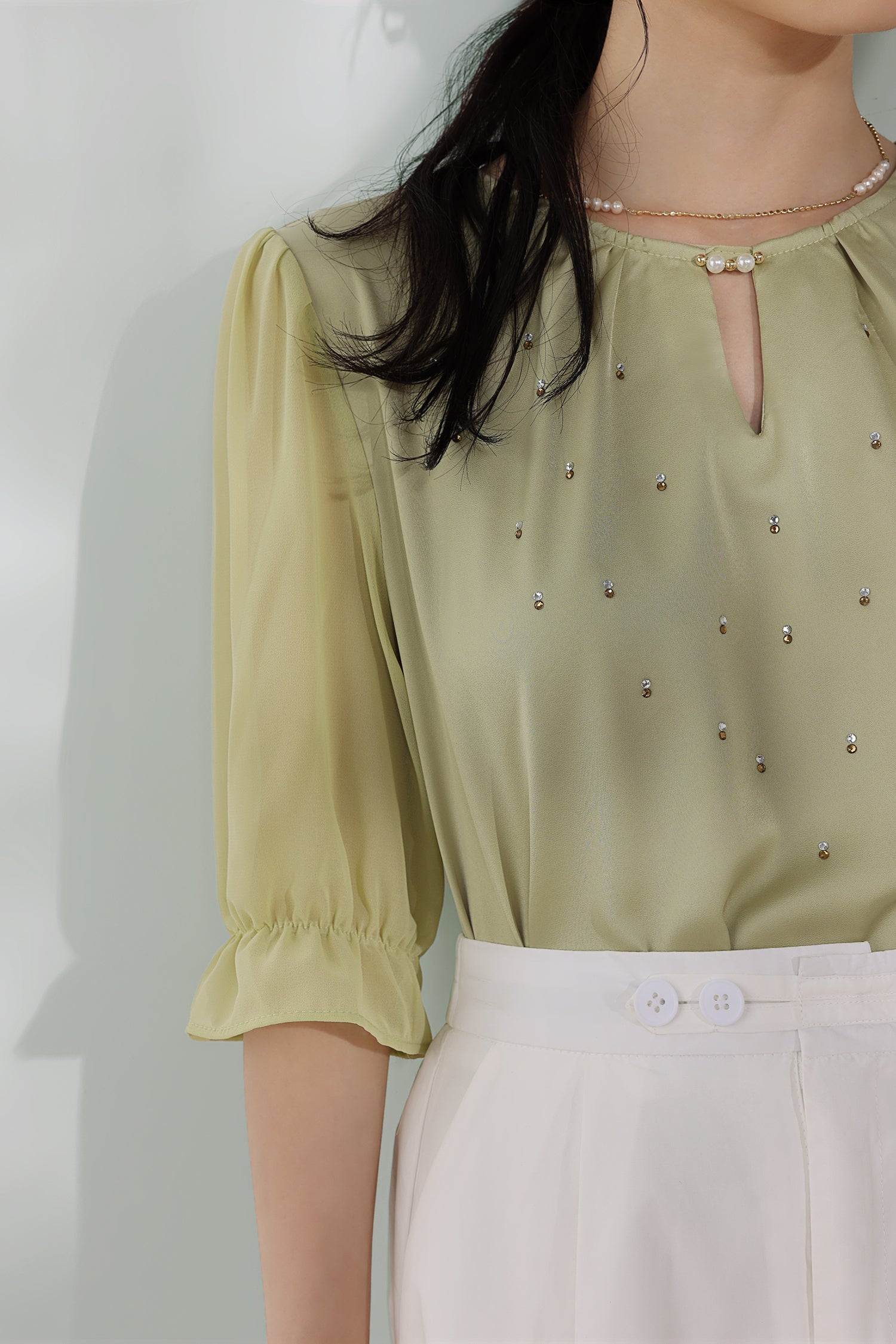 Front Cut-Out Rhinestone Decor Sheer Sleeve Blouse - 2 Colors Available - liwisi