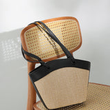 Leather Contrast Straw Shoulder Bag with Lining and Inner Bag - liwisi