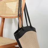 Leather Contrast Straw Shoulder Bag with Lining and Inner Bag - liwisi