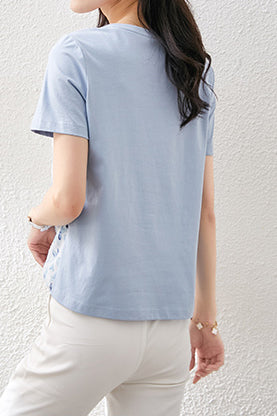 Round Neck Art Print Jacquard Check Contrast T-Shirt with Lining - liwisi