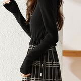 Drawstring Check Contrast Knit Dress - 2 Colors Available - liwisi