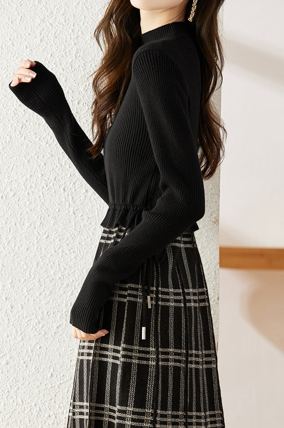 Drawstring Check Contrast Knit Dress - 2 Colors Available - liwisi
