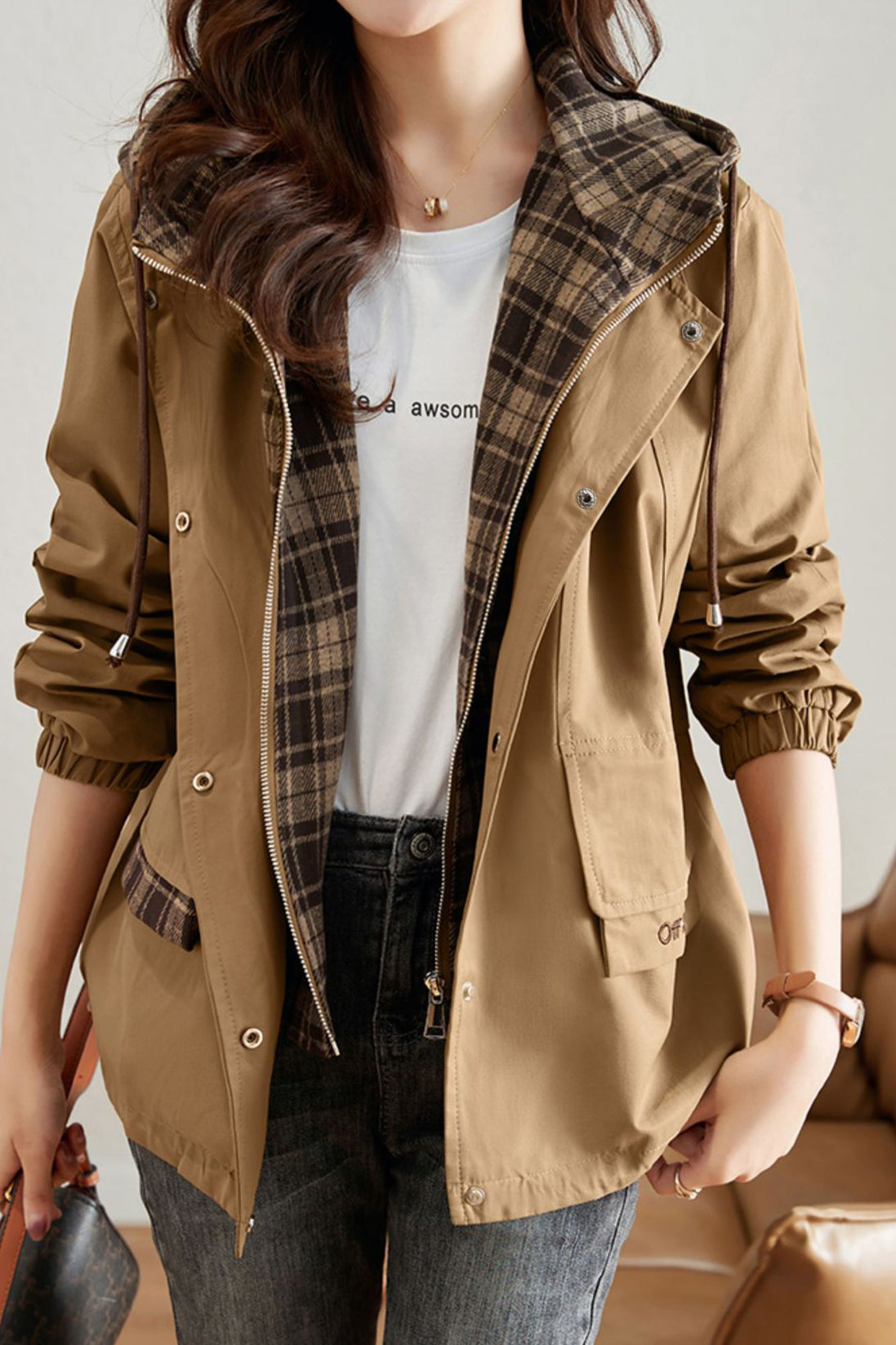 Vintage Faux Two-piece Plaid Coat - liwisi