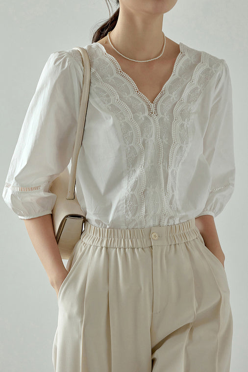Scalloped V-Neck Embroidered Lace Contrast Puff Blouse - liwisi