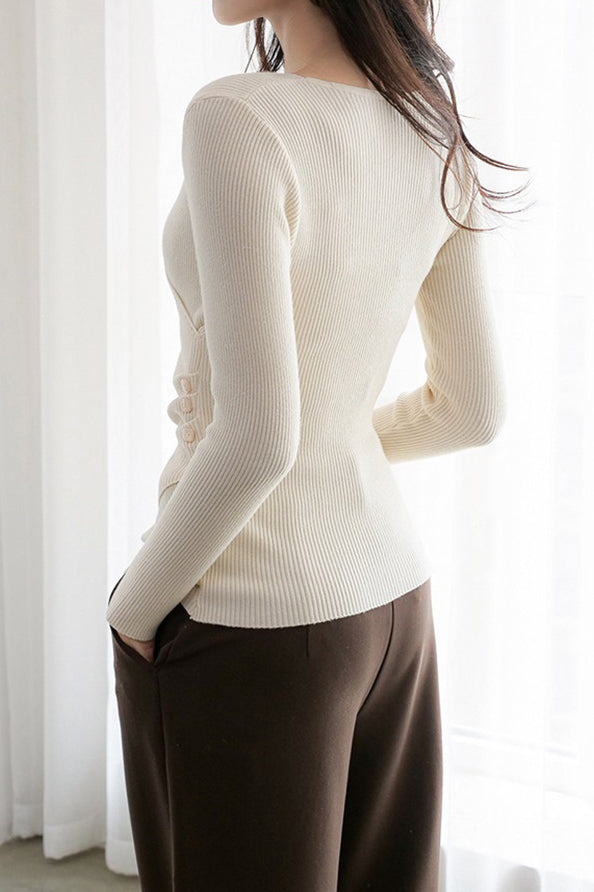 V-Neck Front Cross Side Gathered Button Decor Knit - 4 Colors Available - liwisi