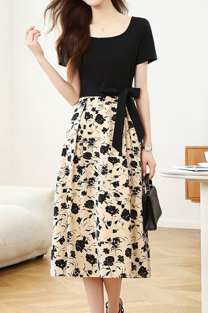 Elegant Spliced Printed Dress - liwisi
