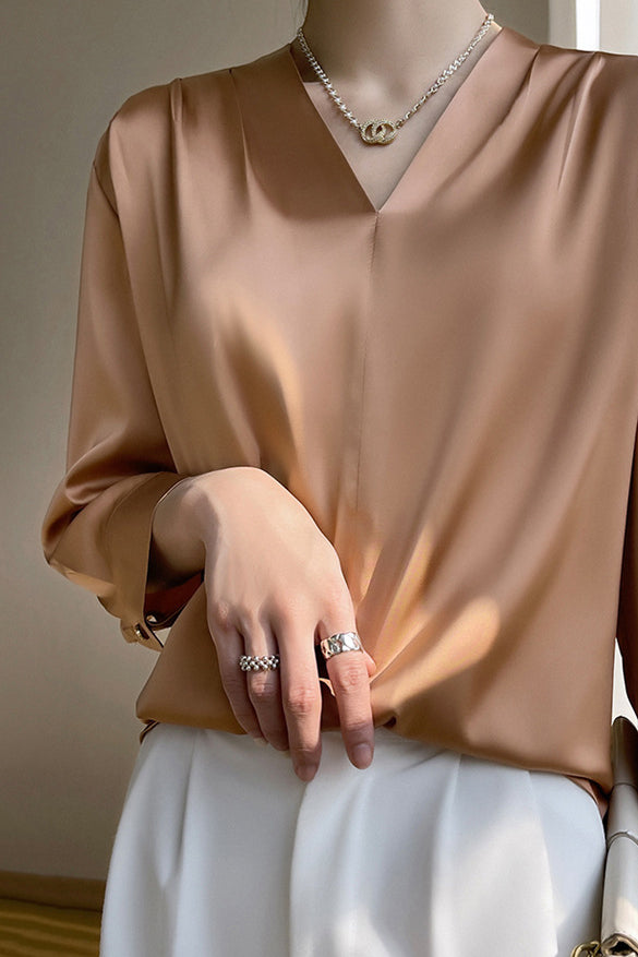 V-Neck Front Tuck Satin Blouse - 5 Colors Available - liwisi