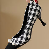 Elegant Houndstooth Pearl High Heels - liwisi