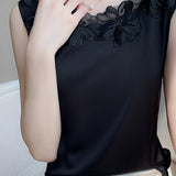 Round Neck Embroidered Lace Contrast Satin Vest - 3 Colors Available - liwisi