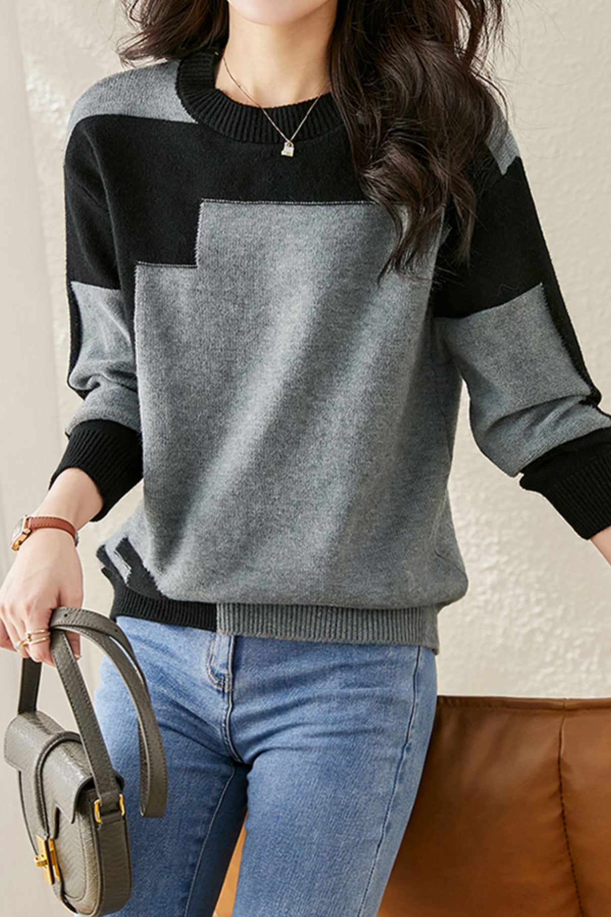 Casual Comfortable Dual-Tone Crew Neck Knit Sweater - liwisi