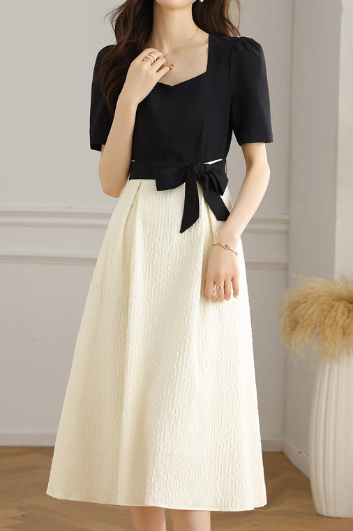 Bi-Color Square Neck Tie-Belted Flare Dress with Lining - liwisi