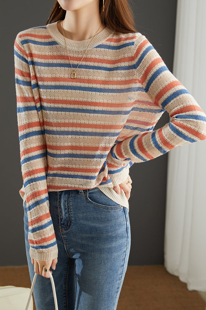 Round Neck Striped Knit Sweater - liwisi