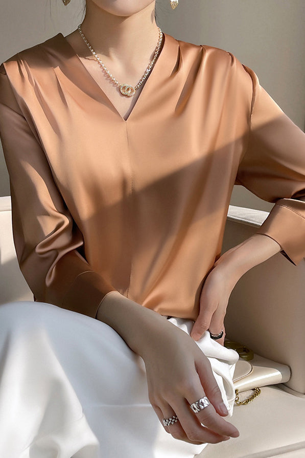 V-Neck Front Tuck Satin Blouse - 5 Colors Available - liwisi