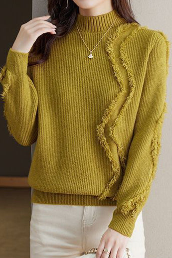 Bottle Neck Fringe Decor Long Sleeve Sweater - 4 Colors Available - liwisi