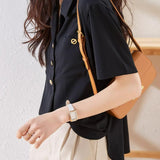 Lapel Collar Double Pocket Short Sleeve Blouse - liwisi