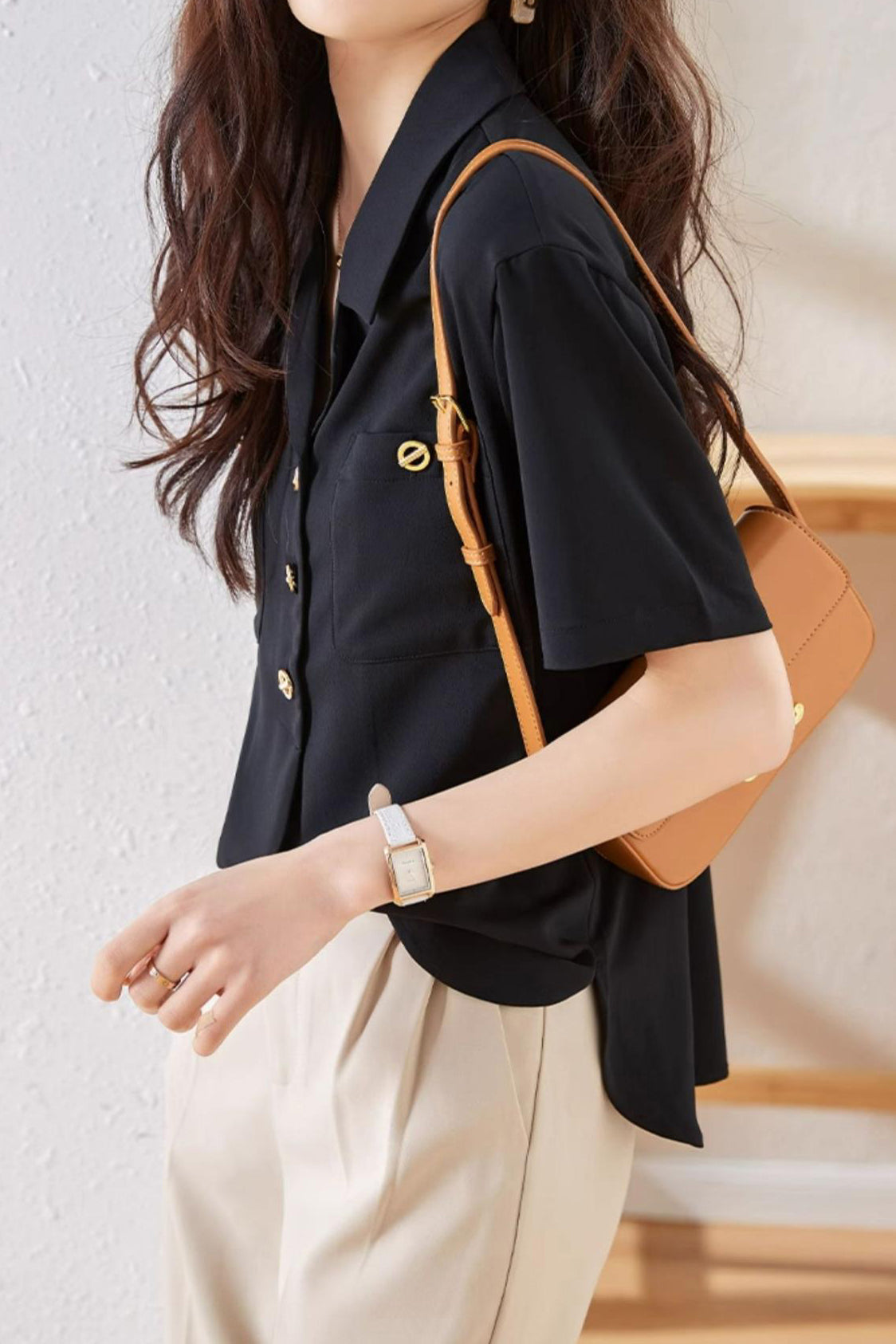 Lapel Collar Double Pocket Short Sleeve Blouse - liwisi