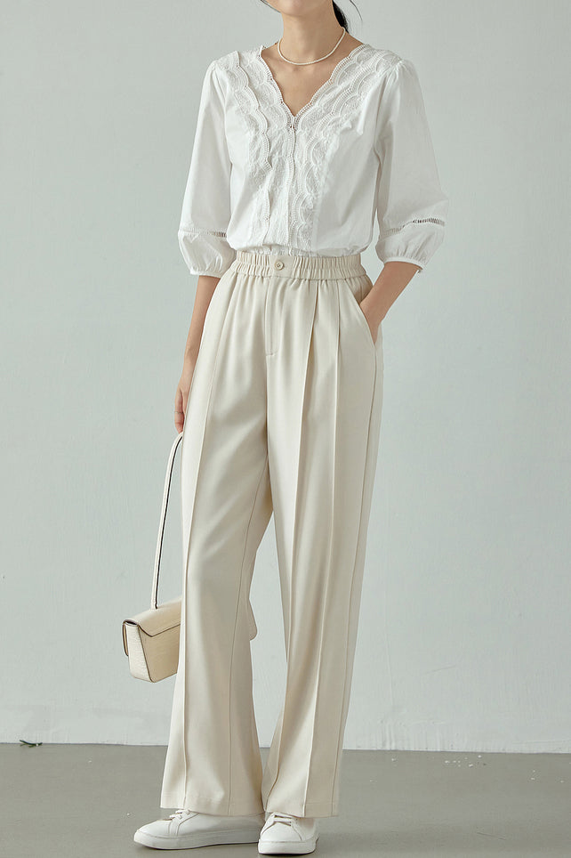 Scalloped V-Neck Embroidered Lace Contrast Puff Blouse - liwisi