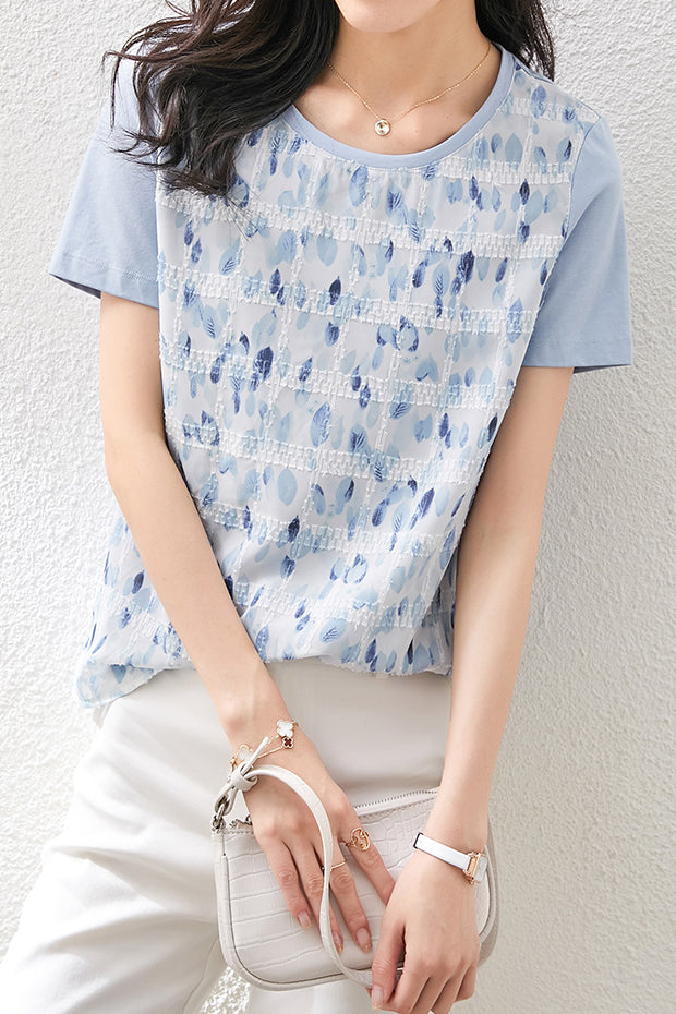 Round Neck Art Print Jacquard Check Contrast T-Shirt with Lining - liwisi