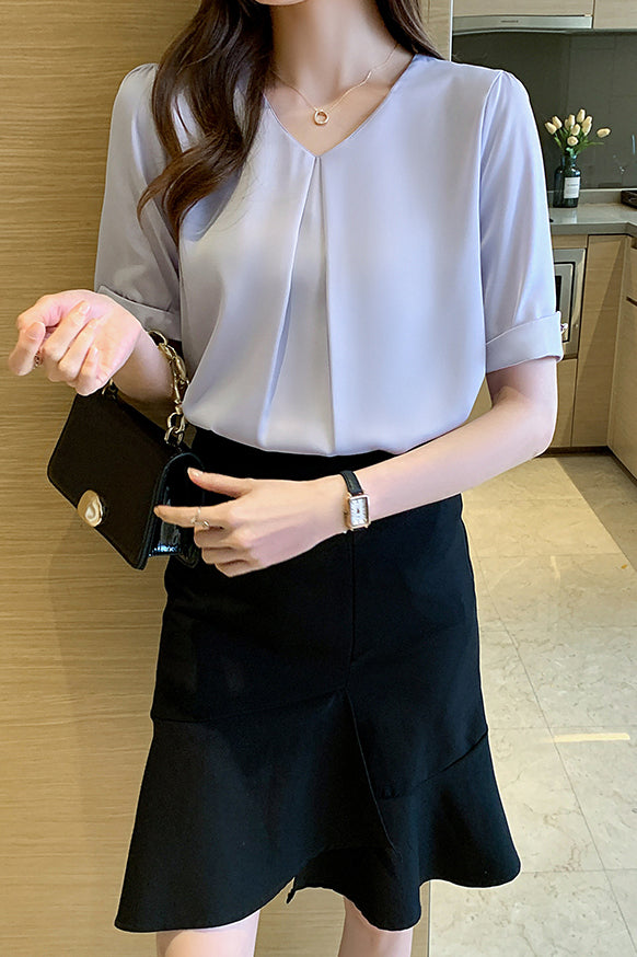 V-Neck Front Tuck-In Short Sleeve Blouse - 2 Colors Available - liwisi
