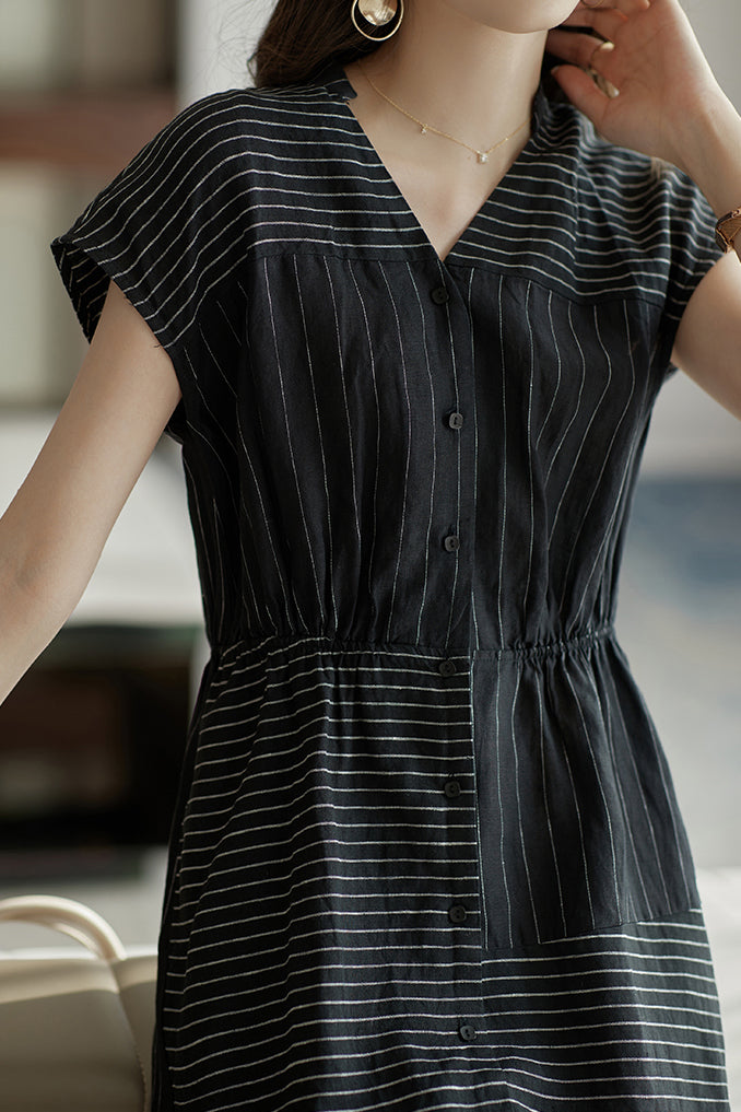 Skipper Collar Striped Docking Linen Dress - liwisi