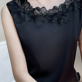 Round Neck Embroidered Lace Contrast Satin Vest - 3 Colors Available - liwisi