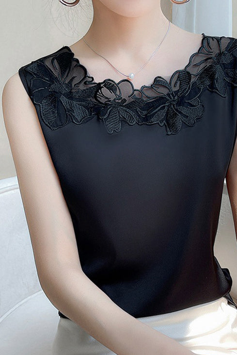 Round Neck Embroidered Lace Contrast Satin Vest - 3 Colors Available - liwisi