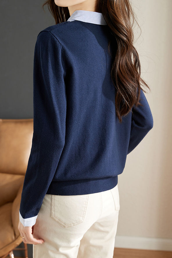 Casual Office Polo Collar Spliced Fake Two-Piece Knit Top - liwisi