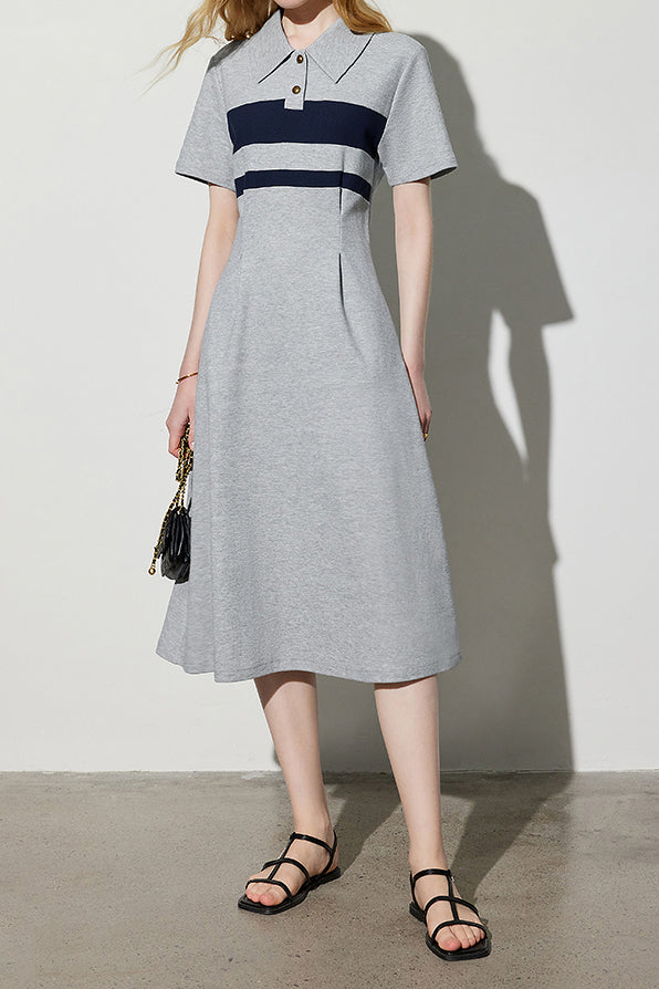 Polo Collar Striped Contrast Long Flare Dress - 2 Colors Available - liwisi