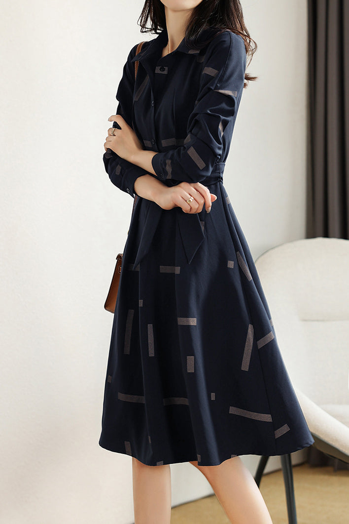 Geometric Print Croissant Sleeve Flare Shirt Dress - liwisi