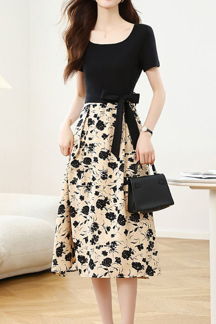 Elegant Spliced Printed Dress - liwisi