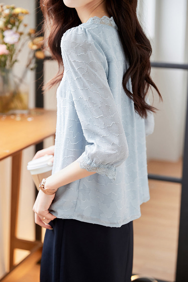 V-Neck Star Pattern Lace Hem Short Sleeve Blouse with Lining - liwisi