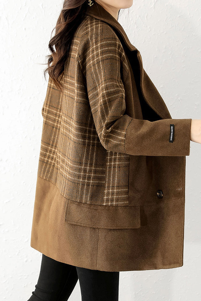 Fashionable Plaid Patchwork Wool Blend Coat - liwisi