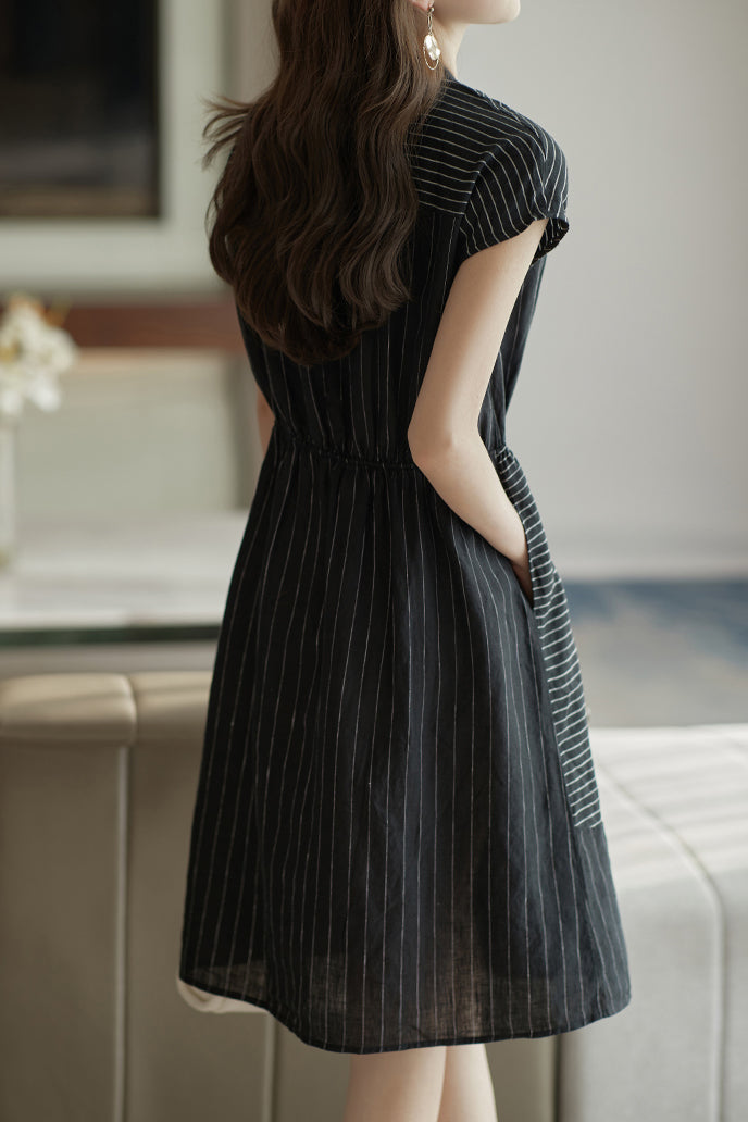 Skipper Collar Striped Docking Linen Dress - liwisi