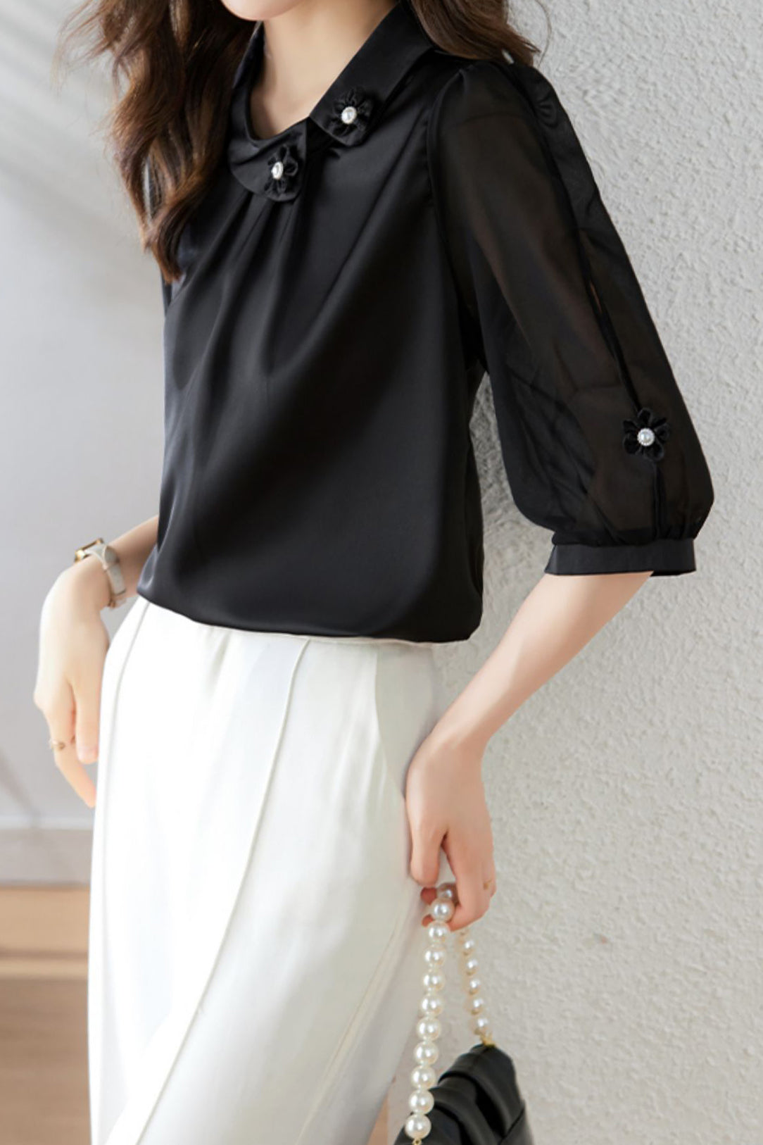Diagonal Shirt Collar 3D Flower Pearl Decor Satin Blouse - 2 Colors Available - liwisi
