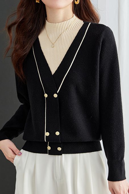 Contrast - color fake two - piece knitted sweater - liwisi