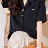 Lapel Collar Double Pocket Short Sleeve Blouse - liwisi