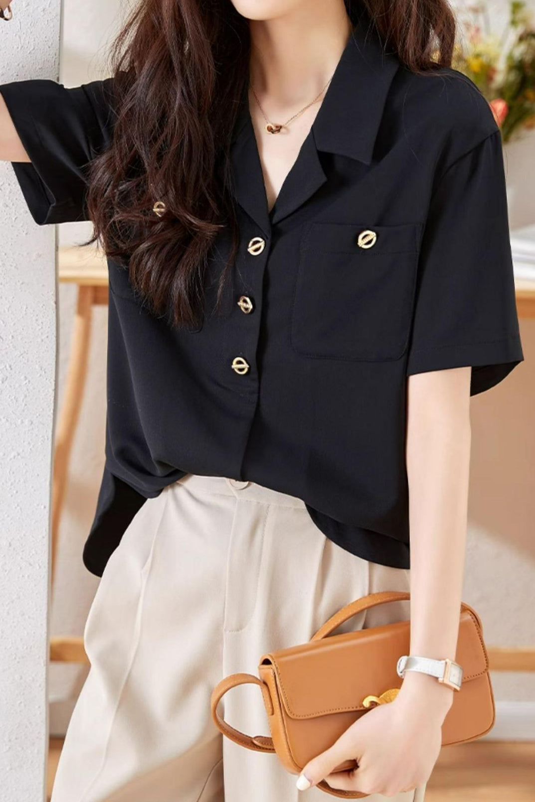 Lapel Collar Double Pocket Short Sleeve Blouse - liwisi